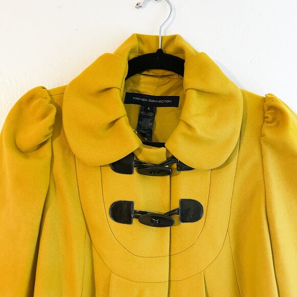 FRENCH CONNECTION Y2K Twee Puff Sleeve Mod Cashmere Wool Blend Yellow Pea Coat - Picture 10 of 11